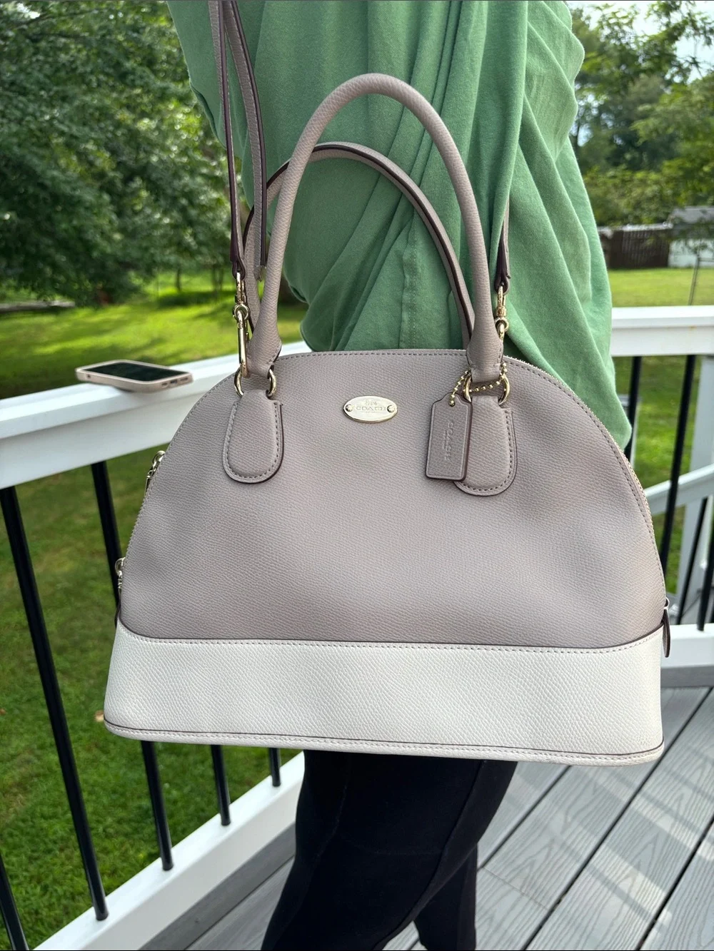 Coach Cora Dome Cross Grain Leather Satchel Crossbody Purse Gray Cream